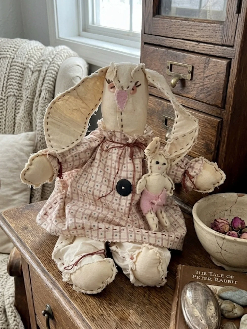 Bunny Rabbit Doll w/ Baby Farmhouse Handmade Distressed Rustic Rabbit Doll